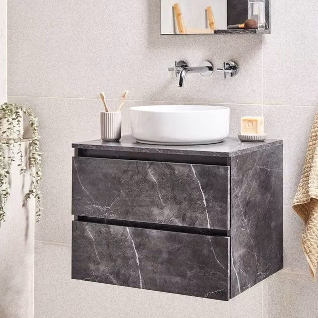 Wyld and Coco Black Marble Wall Mounted Fluted Front 2 Deep Drawers W: 60 cm, D: 47 cm – 1