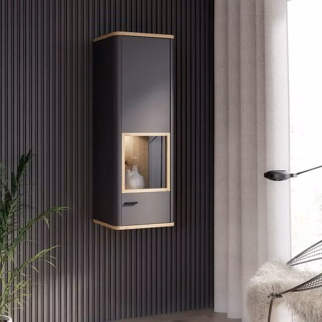 Furniture To Go Klara Tall Narrow Display Cabinet in Grey with LED Lighting and Glass Doors