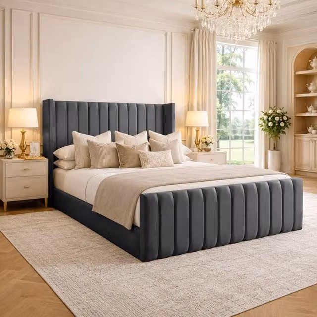 Desire Deco Plush Velvet Wingback Edward Panel Bed Frame in Grey, Super King Size