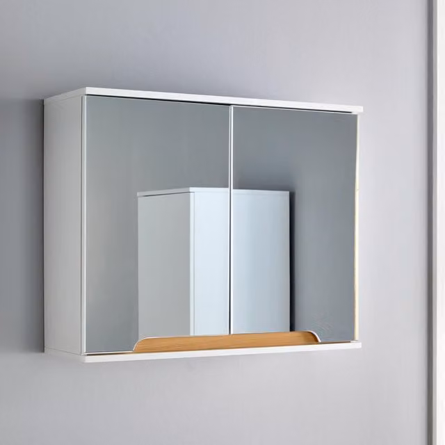 Home Source Florence White 2 Door Mirrored Wall Mounted Bathroom Storage Cabinet with Soft Close Glass Doors and Internal Shelves