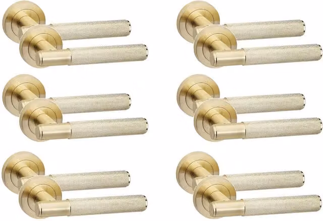 Golden Grace Knurled T-Bar Door Handles on Rose in Satin Brass and Gold Finish