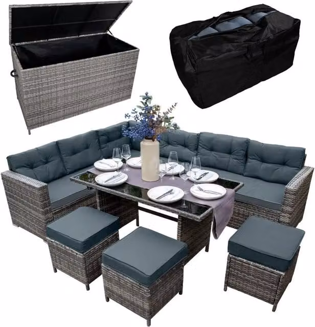 Monstershop Rattan Corner Set and Storage Box in Grey