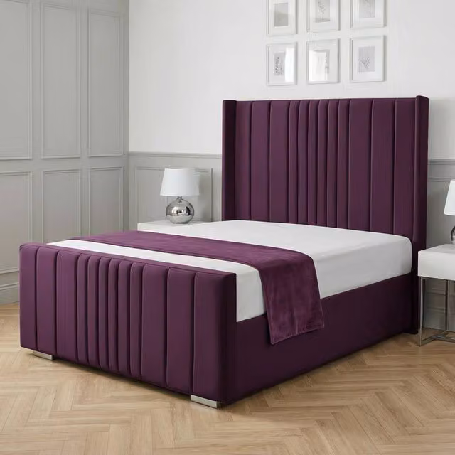 Living Comfort Bedz Cambridge Wingback Upholstered Velvet Bed with Slatted Base in Purple, W/D/H: 120 x 200 cm