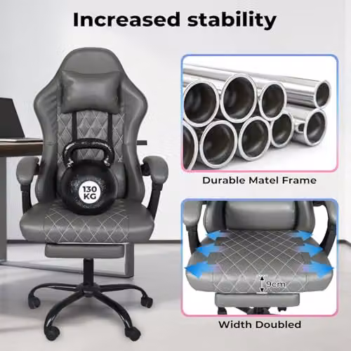 Levede Ergonomic Gaming Chair in Grey with Headrest, Adjustable Lumbar Support and Footrest – 10