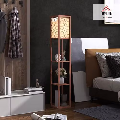 HOMCOM Modern Floor Lamp with 3 Shelves and Fabric Lampshade in Brown, Height: 160 cm – 2