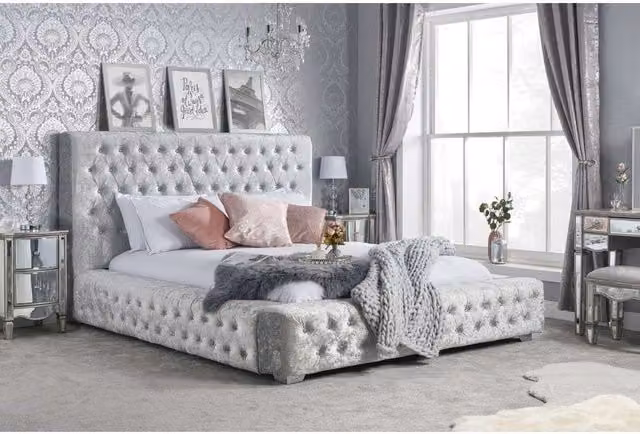 Birlea Grande Upholstered Velvet Bed Frame with Lift Up Base in Grey, W/D/H: 180 x 200 cm – 1