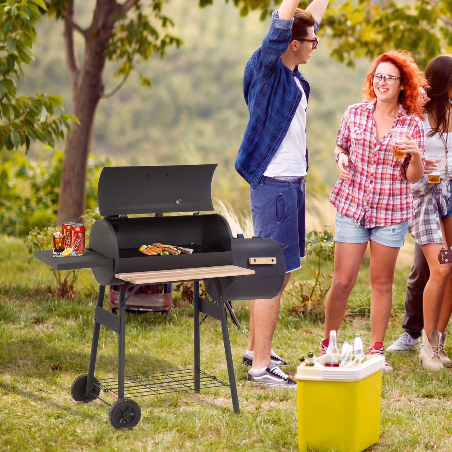 Outsunny Charcoal Barbecue Grill and Offset Smoker Combo with Wheels and Thermometer, Black, W/D/H: 124 x 53 x 104 cm – 2