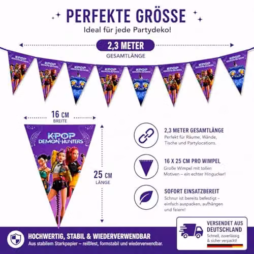 Procos K-pop Demon Hunters Purple Paper Bunting Garland for Children's Birthday Parties, Length: 230 cm – 5