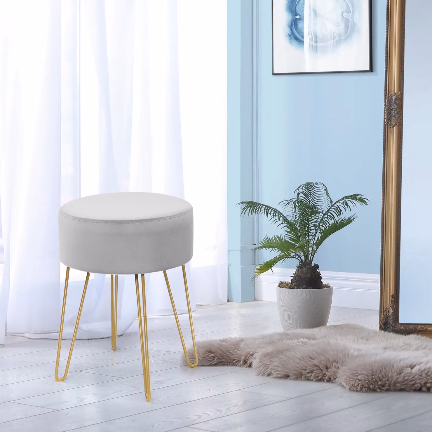 Costway Modern Round Velvet Footstool Ottoman in Grey – 3