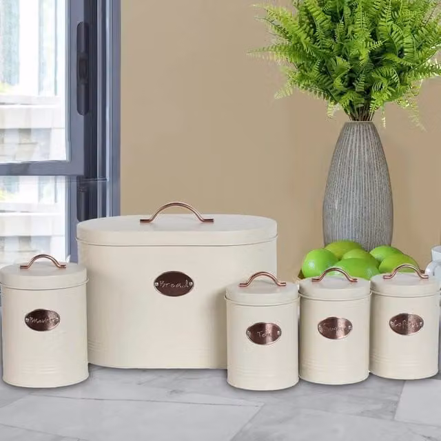 SPETLEK 5-Piece Airtight Metal Kitchen Bread Bin Storage Tin Set in Cream – 1