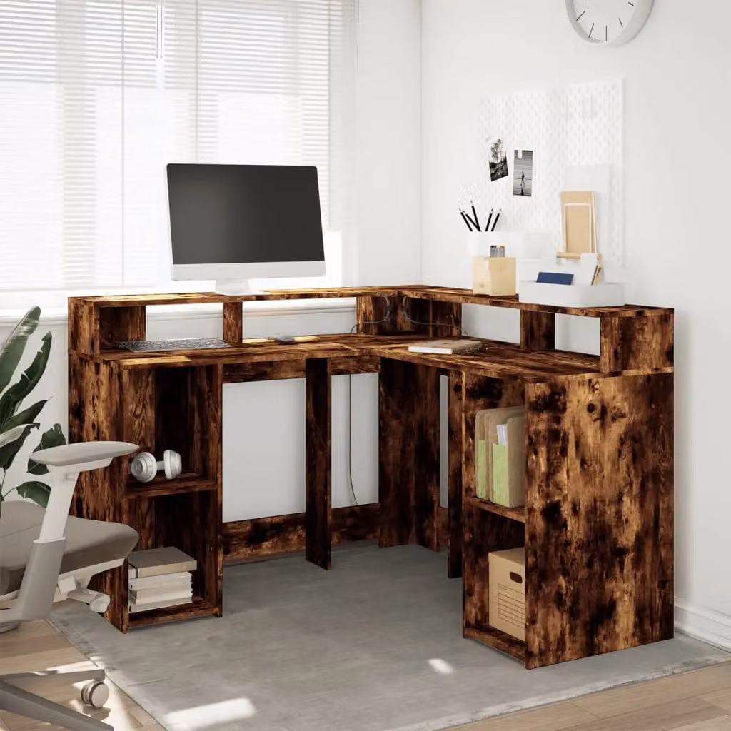 Berkfield Home Corner Desk with LED Lights in Smoked Oak Brown, W/D/H: 130 x 130 x 91 cm – 4