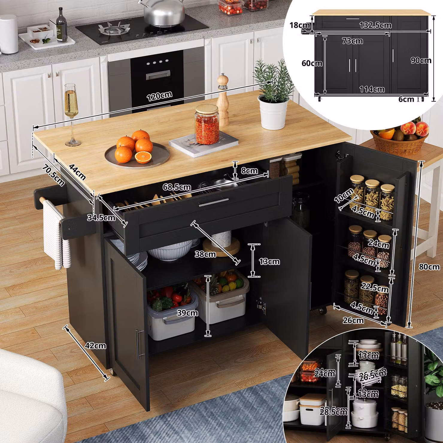 Aosom UK Multifunctional Kitchen Island with Foldable Worktop and Shelves, Black and Brown, W: 132.5 cm, D: 44 cm, H: 90 cm – 3