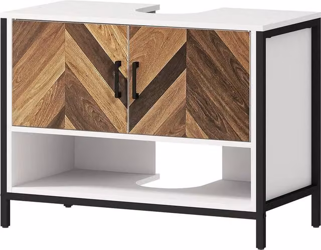 FORGEVIO Modern Under Sink Bathroom Cabinet with Double Herringbone Doors and Open Shelf in Multicolour – 1