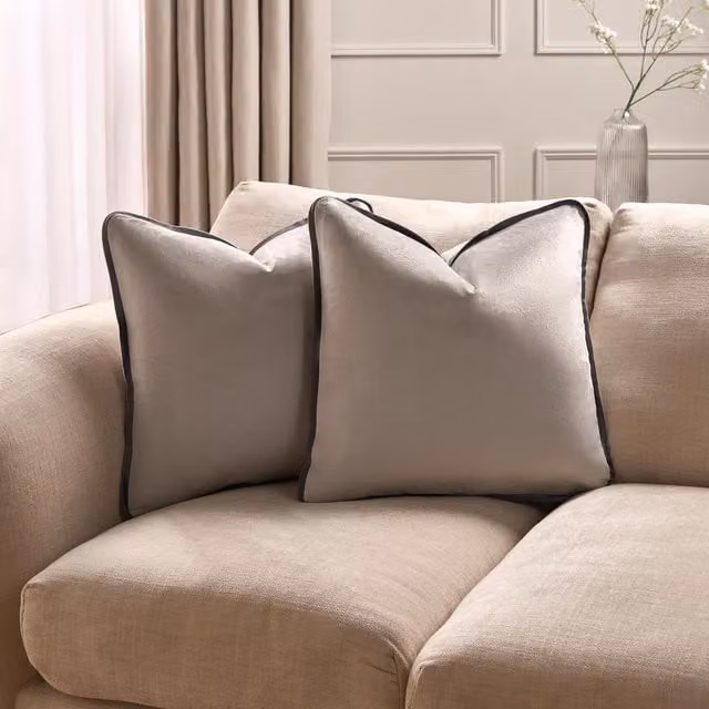 OHS Pack of 2 Grey Matte Velvet Piped Edge Square Cushion Covers