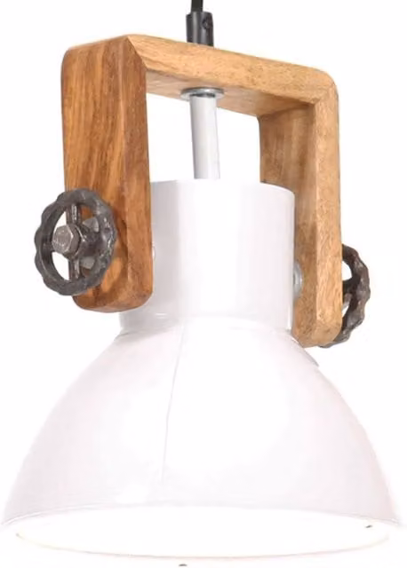 Berkfield Home Industrial Round Hanging Lamp in White and Brown with Wood and Metal Finish, Diameter: 19 cm, E27