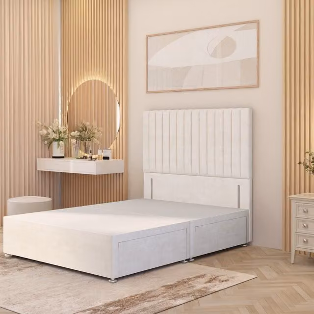 Somnior Beds Ltd Verona Divan Bed Base with 54 inch Floor Standing Headboard in Ivory Plush Velvet, King Size, W/D/H: 180 x 200 cm