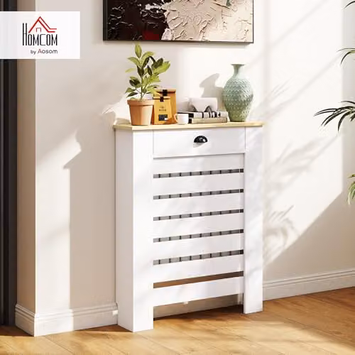 HOMCOM Radiator Cover with Drawer, White MDF, H: 95.5 cm, W: 78 cm, D: 19 cm – 2