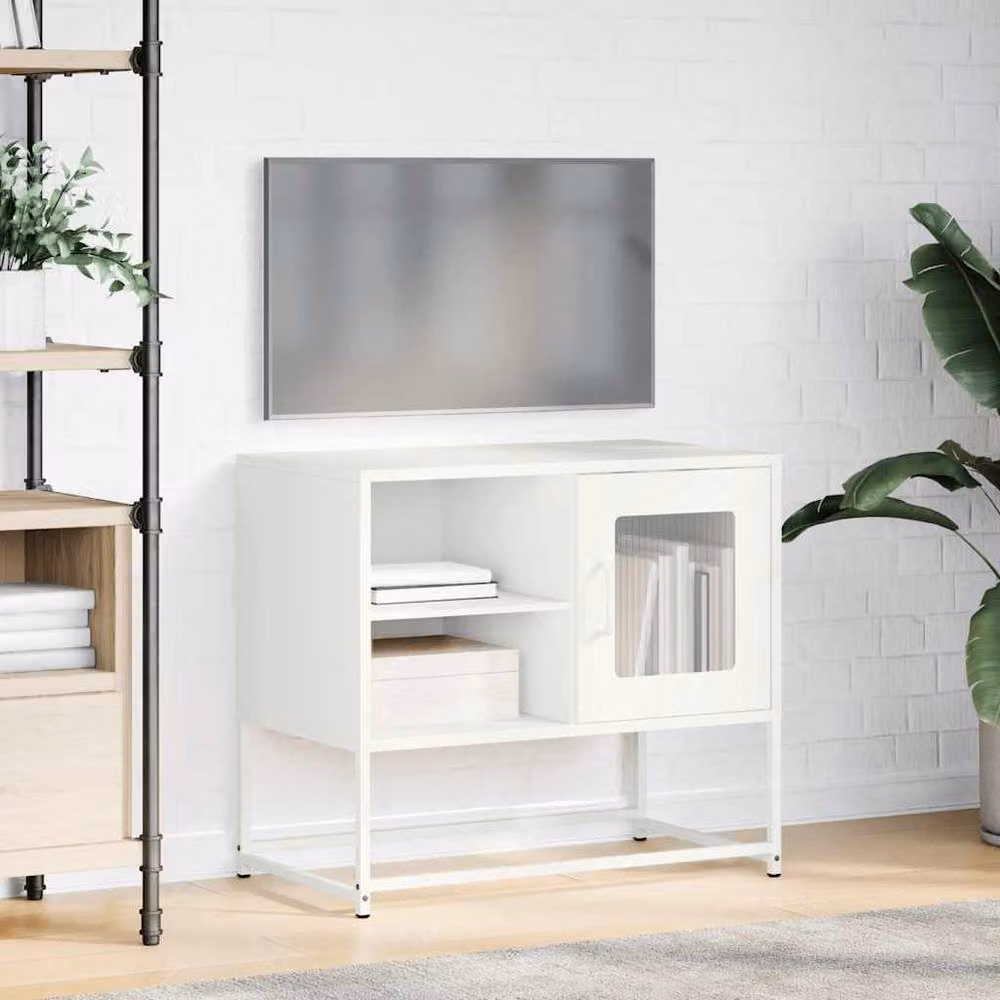 Berkfield Home Industrial TV Cabinet in White with Glass Doors and Metal Frame, W/D/H: 68 x 39 x 60.5 cm – 2