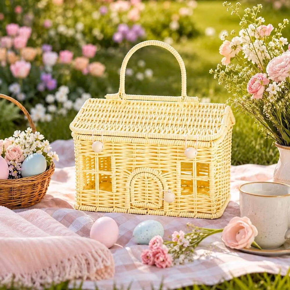 FLAVORA Yellow House-Shaped Wicker Picnic Basket with Handles – 2
