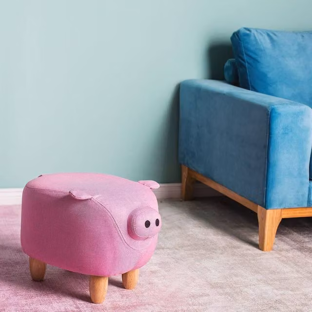 Wyld and Coco Pig Nursery Footstool in Pink Fabric with Rubberwood Legs – 1