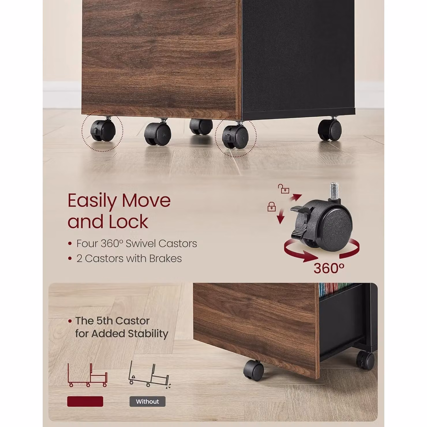 VASAGLE 2 Drawer Rolling File Cabinet in Brown with Castors, H 70 x W 42 x D 40 cm – 4