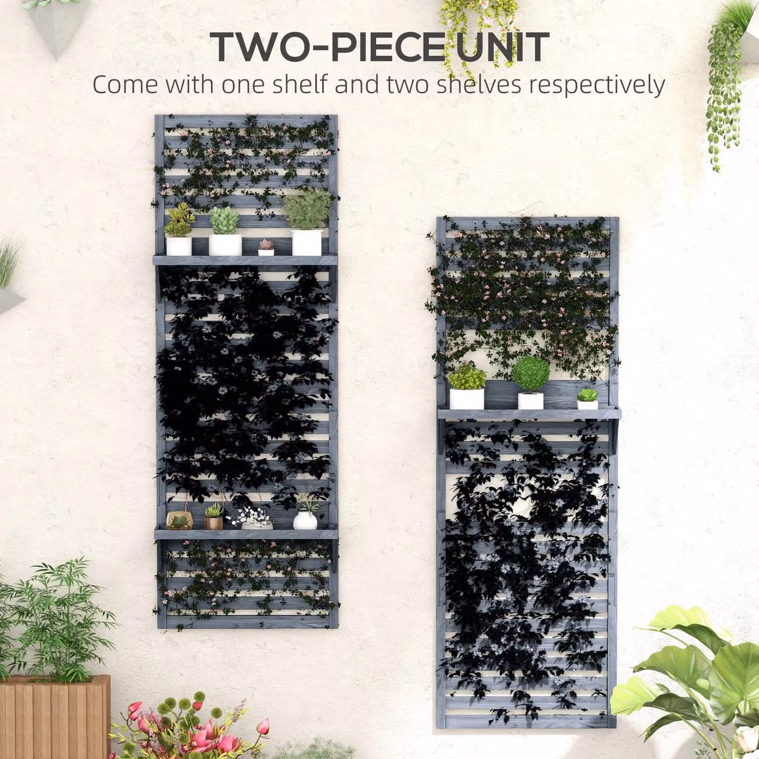 OUTSUNNY Set of 2 Wall Mounted Grey Wooden Plant Stands with Shelves and Slatted Trellis – 3