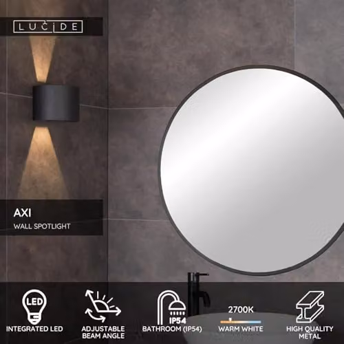 Lucide AXI Black Metal LED Up and Down Bathroom Wall Spotlight with Adjustable Beam Angle and IP54 Rating – 2
