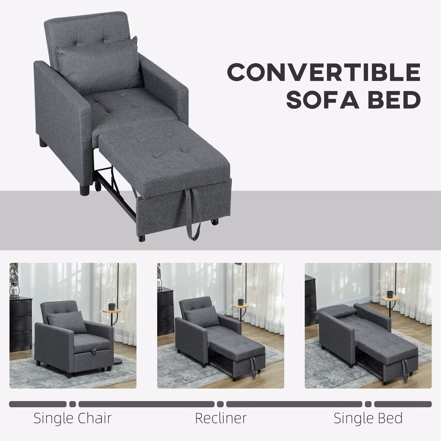 HOMCOM 3-in-1 Convertible Sleeper Chair Bed with Adjustable Backrest, Pillow and Footrest in Dark Grey – 4