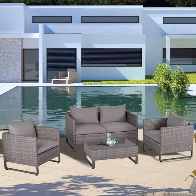 Outsunny Modern Grey PE Rattan Wicker Outdoor Dining Set with Metal and Glass Details