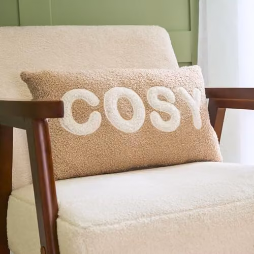 OHS Boucle Fabric Decorative Scatter Cushion with Slogan Print, Beige, W: 50 cm, H: 30 cm – 1