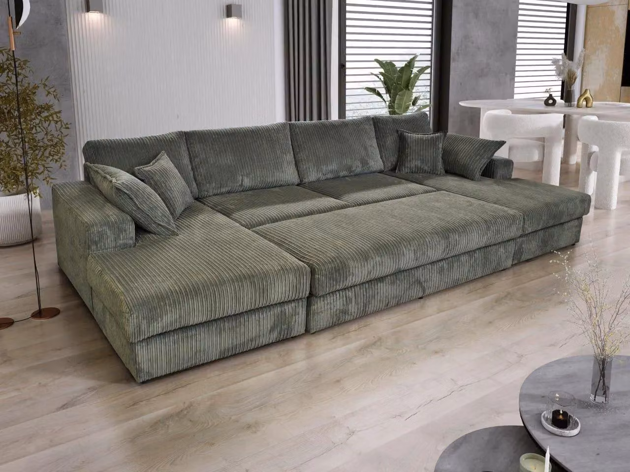 LUXURY LIFE Brooklyn Left-Facing L-Shape Corner Sofa with Matching Ottoman in Grey Jumbo Cord Fabric – 3