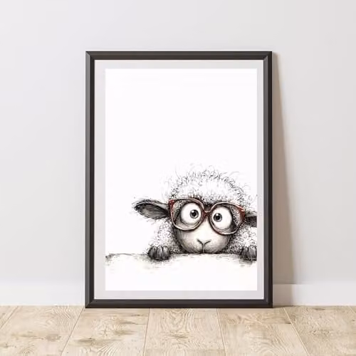 60 Second Makeover Quirky Peeking Sheep Glasses Print Wall Art Poster, Multicolour, A4