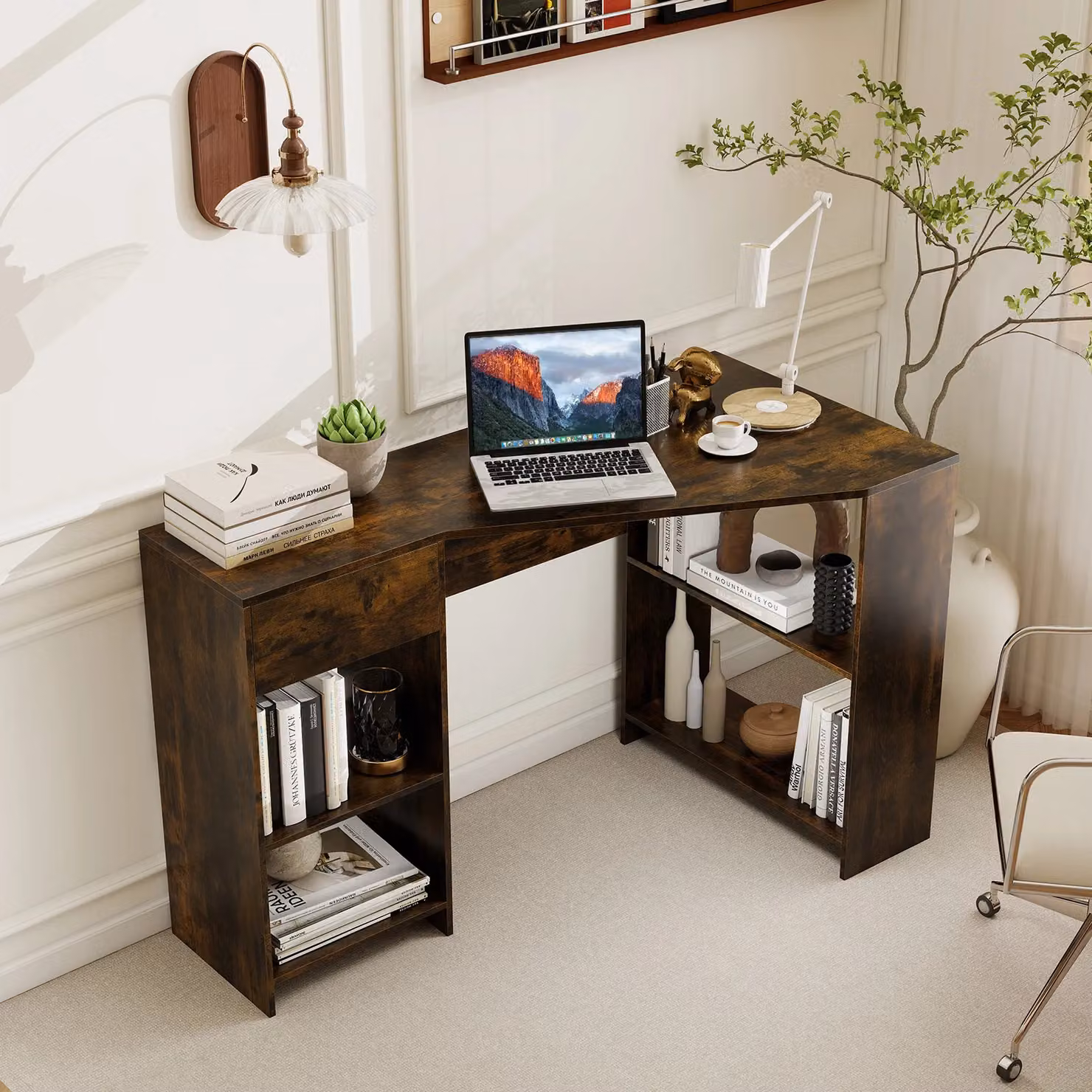 Gymax L-Shaped Corner Executive Desk with Shelves in Dark Brown – 2