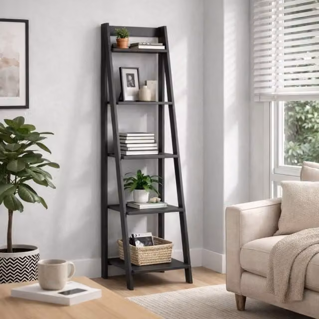 Mercers Furniture Corona Charcoal Ladder Bookcase in Distressed Charcoal Wax, H: 159.0 cm, W: 44.0 cm, D: 43.0 cm