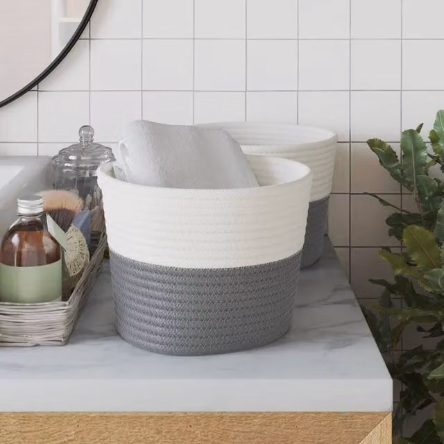 Berkfield Home Storage Baskets, 2 Pack, Grey and White Cotton Fabric, W: 24 cm, H: 18 cm – 1