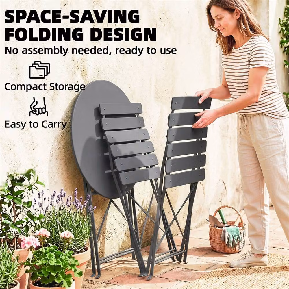 Outsunny Grey Metal Folding Garden Bistro Set with Round Table and 2 Chairs – 4