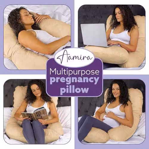 Aamira J Shaped Memory Foam Pregnancy Maternity Pillow with Velvet Cover, Beige, W/D/H: 140 x 70 x 20 cm – 6