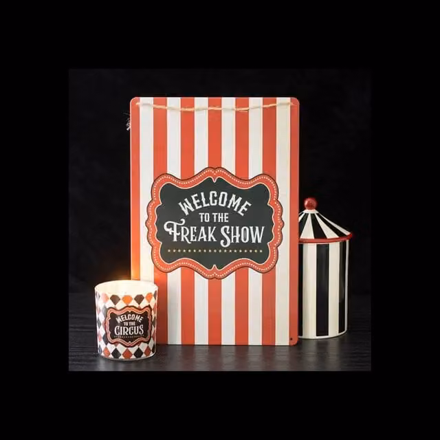 KDMD Freak Show Metal Hanging Sign Set with Red and Multicolour Circus Stripes – 1