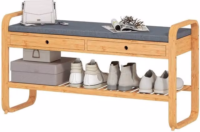 PAWNORA Shoe Bench with 2 Drawers and Cushioned Seat in Brown, W: 100 cm x D: 15 cm