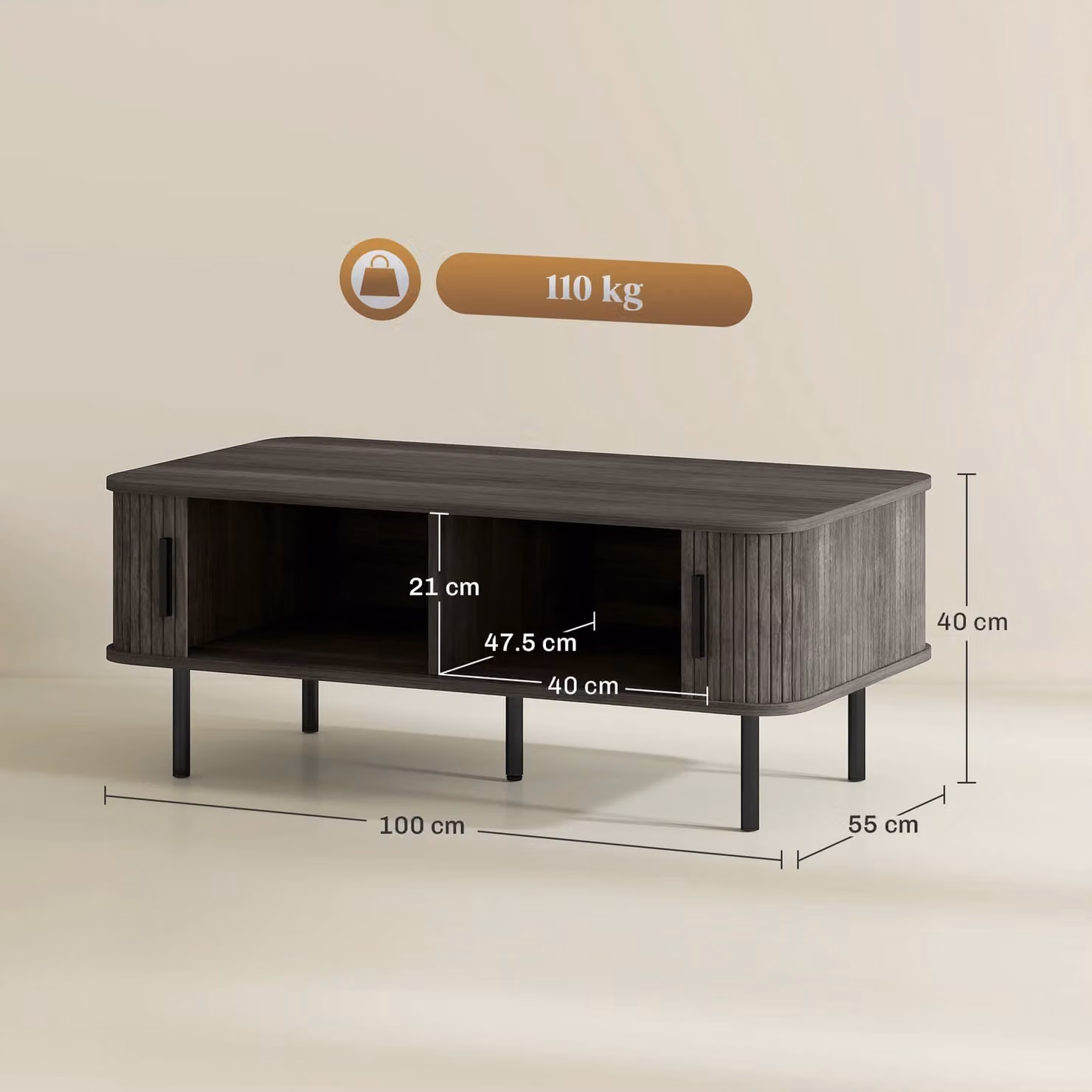 HOMCOM Mid-Century Grey Coffee Table with Storage and Sliding Doors – 3