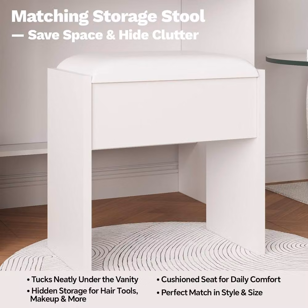 London Boutique Modern White Dressing Table and Stool Set with Hollywood LED Light and Charging Station – 3