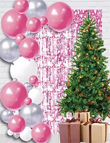 Netagon Pink Shimmer Tinsel Curtain with Reindeer and Christmas Tree Design, W: 200 cm, H: 100 cm – 1