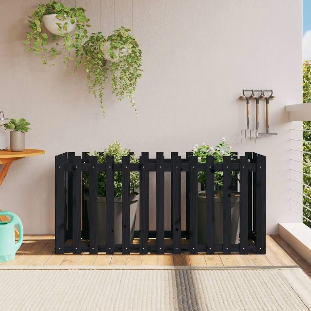 Berkfield Home Garden Raised Bed with Fence Design in Black Solid Wood, W: 150 cm, D: 50 cm, H: 70 cm – 2