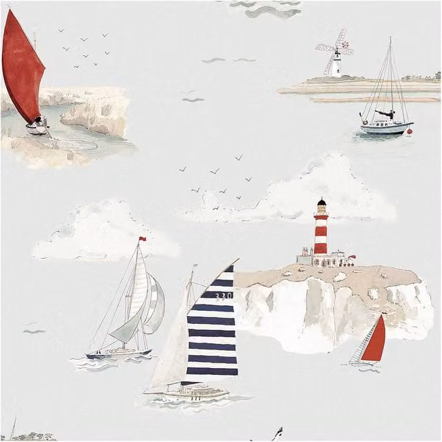 Sophie Allport Coastal Boats Cottesmore Sky Wallpaper in Blue, W: 52 cm, H: 1000 cm