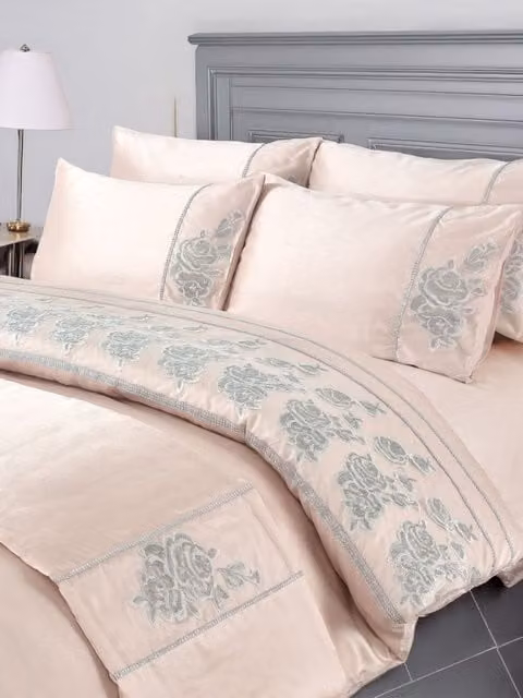 Snug City Pink Floral Embroidered Duvet Cover and Pillowcase Set, Polyester Linen, W: 180 cm, H: 200 cm
