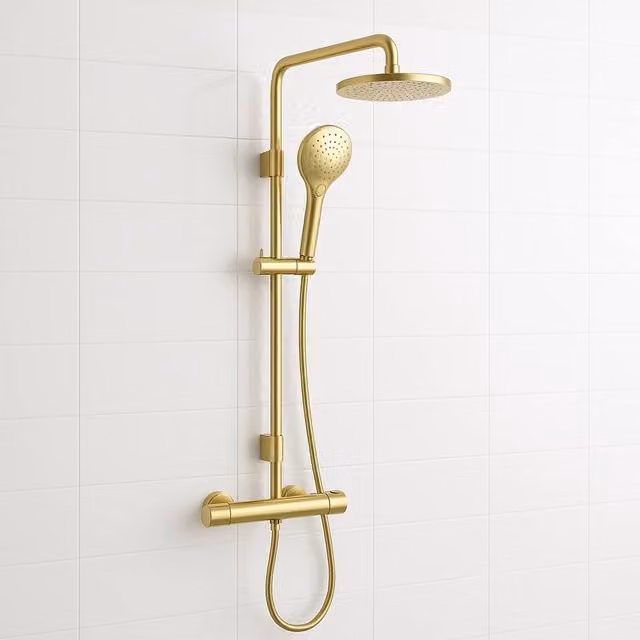 Bathroom Kingdom Avon Brushed Brass Round Thermostatic Bar Shower Set in Gold