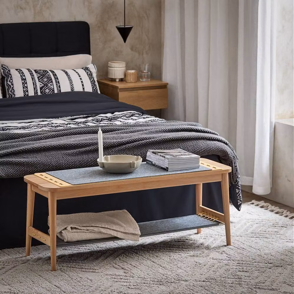 SoBuy Scandinavian Style Solid Wood Entrance Bench with Fabric Top and Shoe Rack in Light Oak, W: 110 cm, D: 35 cm – 2