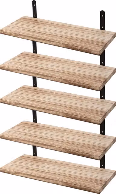 Levede Set of 5 Rustic Wood and Metal Floating Wall Mounted Shelves in Brown