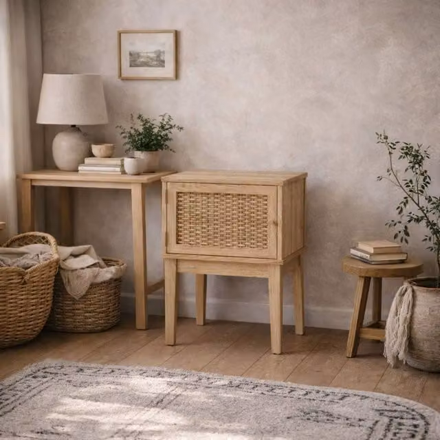Wyld Haus Waterford Oak and Rattan Bedside Table with 1 Door in Natural Sand – 1