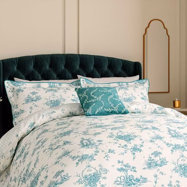 V&A Garden of Love Cotton Floral Duvet Cover and Pillowcase Set in Petrol Blue, W: 90 cm, H: 200 cm